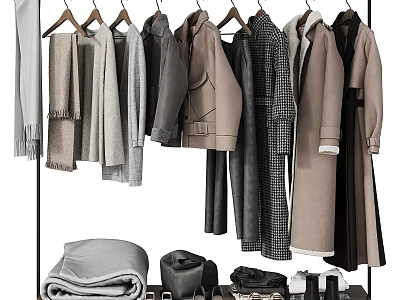 Fashionable Neutral Colored Clothes Hanging On Racks With Coats And Sweaters 3d model