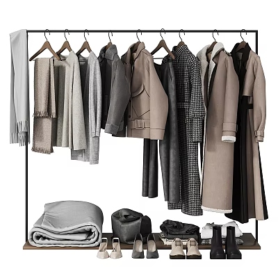 Fashionable Neutral Colored Clothes Hanging On Racks With Coats And Sweaters 3d model