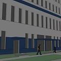 Modern Blue and White Multi storey Building with Lawn and People Walking