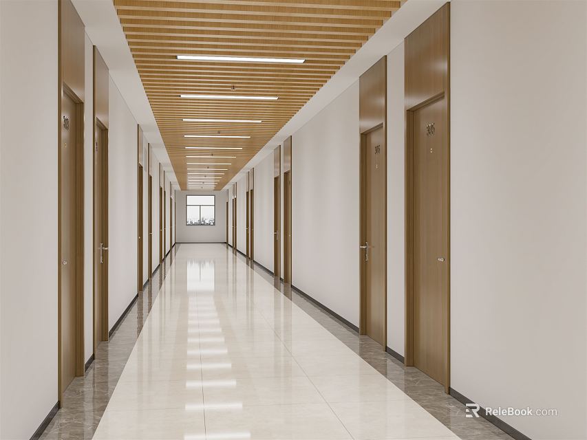 Modern Office Corridor Interior With White Walls Brown Doors And Wooden Grid Ceiling 3d model 