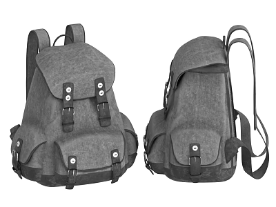 Gray Canvas Backpack With Multiple Pockets And Black Buckle Straps Design 3d model