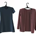 Navy Blue Short Sleeve Dress and Burgundy Cardigan Coat Hanging on Black Hangers