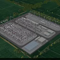 Aerial View of Industrial Plant With Green Fields Trees Equipment Pipelines and Building Layout