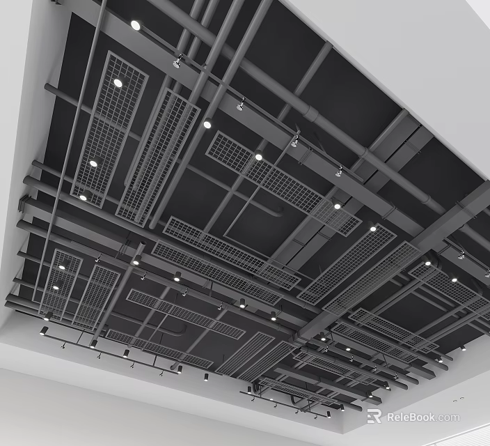Modern Industrial Ceiling Design With Metal Frame Grid Panels And Recessed Lights 3d model 