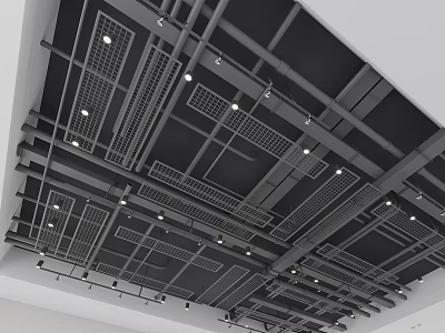 Modern Industrial Ceiling Design With Metal Frame Grid Panels And Recessed Lights 3d model