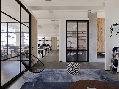 Modern Public Office Space With Glass Partitions Open Workstations And Area Rugs 3d model