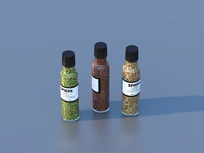 Three Spice Bottles With Green Brown Yellow Spices Black Caps Labels And Gray Background 3d model