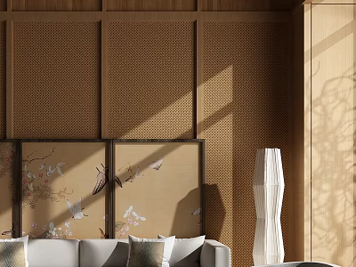 Hotel Public Lounge Interior With Wooden Walls Floral Bird Screen Light Sofa And Sunlight 3d model