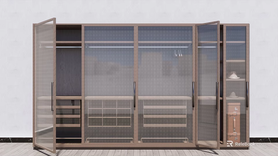 Modern Wardrobe With Glass Doors Metal Frame Hanging Rods Drawers And Shelves 3d model 