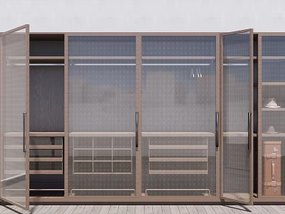 Modern Wardrobe With Glass Doors Metal Frame Hanging Rods Drawers And Shelves 3d model