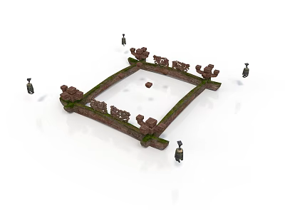 Ancient Square Stone Building Featuring Carved Decorations Green Moss And Surrounding Statues 3d model