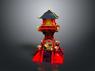 Traditional Architecture Scenery Featuring Red and Gold Pagoda with Black Roof Steps and Golden Decorations 3d model