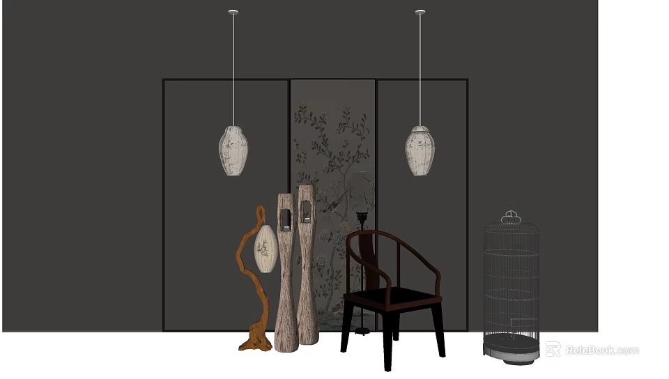 Elegant Pendant Lights In Traditional Interior With Patterned Screen And Wooden Chair Decor 3d model 
