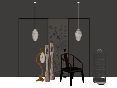 Elegant Pendant Lights In Traditional Interior With Patterned Screen And Wooden Chair Decor 3d model
