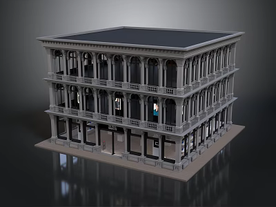 Classical Multi Story Building With Gray Exterior Balconies Ground Floor Storefronts And Black Roof 3d model