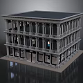 Classical Multi Story Building With Gray Exterior Balconies Ground Floor Storefronts And Black Roof