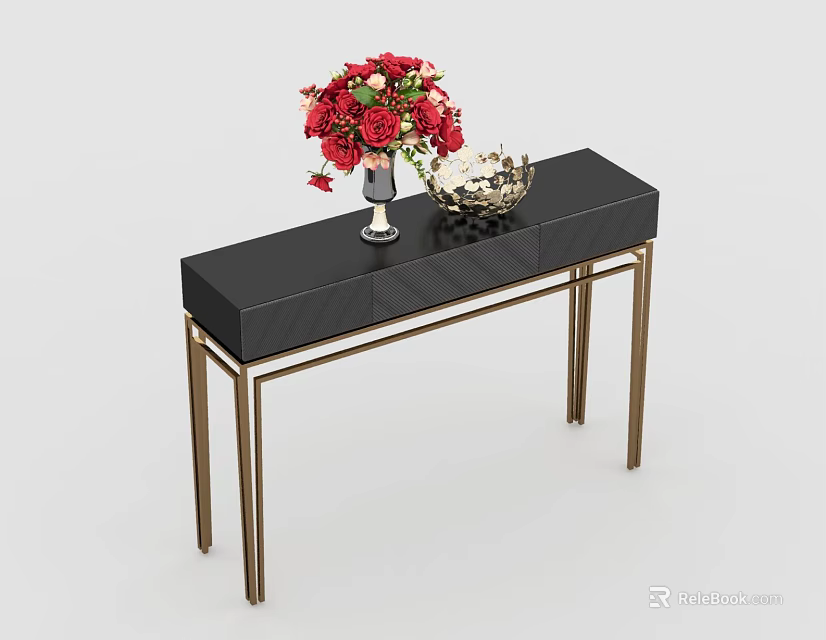 Console Table With Black Countertop And Gold Legs Featuring Red Bouquet And Gold Decorative Bowl 3d model 