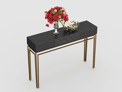 Console Table With Black Countertop And Gold Legs Featuring Red Bouquet And Gold Decorative Bowl 3d model