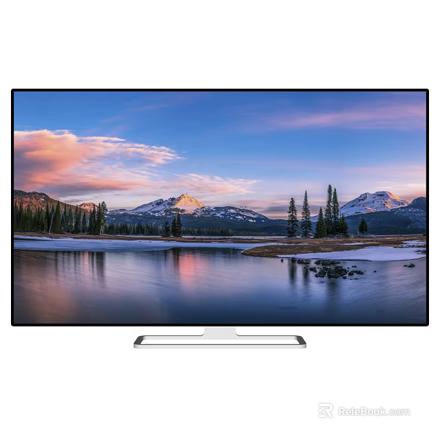 High Definition Television Displaying Scenic Snowy Mountain Lake with Sunset Sky and Trees 3d model 