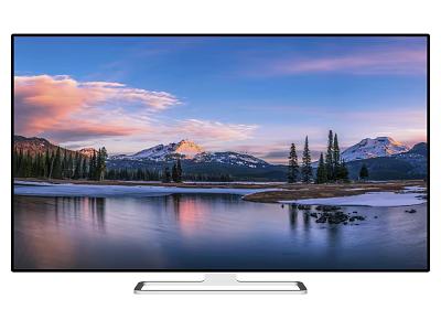 High Definition Television Displaying Scenic Snowy Mountain Lake with Sunset Sky and Trees 3d model