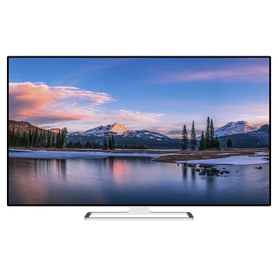 High Definition Television Displaying Scenic Snowy Mountain Lake with Sunset Sky and Trees 3d model