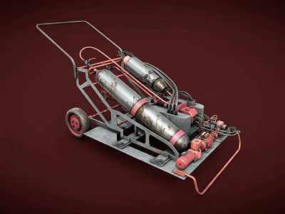 Industrial Metal Cart With Silver Cylinders Red Wheels And Metal Frame 3d model