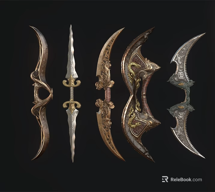 Game Movie Character Ornate Weapons Collection With Different Designs Metallic Texture And Decorative Patterns 3d model 