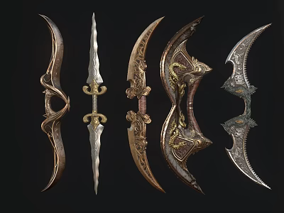 Game Movie Character Ornate Weapons Collection With Different Designs Metallic Texture And Decorative Patterns 3d model
