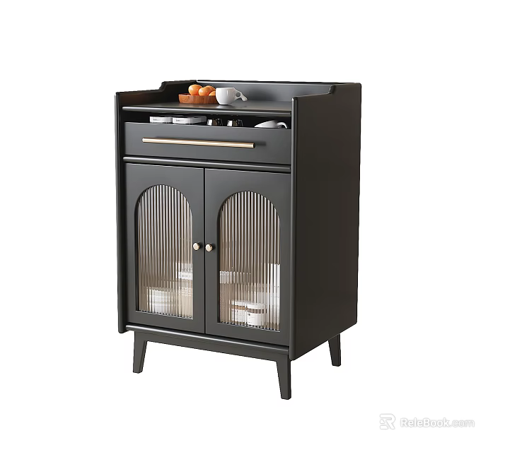Modern Black Sideboard with Glass Doors Drawer Dinnerware Inside and Top Fruits Cups 3d model 