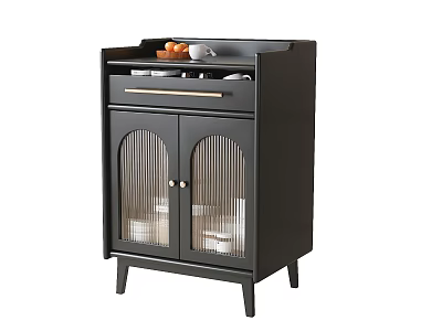 Modern Black Sideboard with Glass Doors Drawer Dinnerware Inside and Top Fruits Cups 3d model