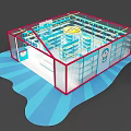 Bright Retail Store Interior Design With Red Frame Blue Shelves And Display Stand