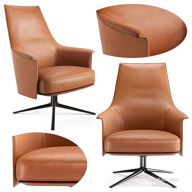 Brown Leather Office Chair with Ergonomic Armrests Swivel Function and Black Star Base 3d model 