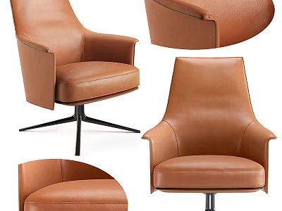 Brown Leather Office Chair with Ergonomic Armrests Swivel Function and Black Star Base 3d model