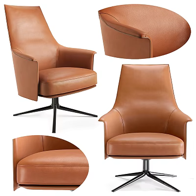 Brown Leather Office Chair with Ergonomic Armrests Swivel Function and Black Star Base 3d model