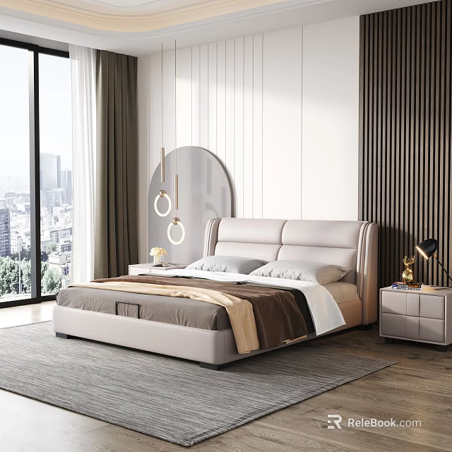 Modern Double Bed With Leather Headboard Nightstands Table Lamps Round Mirror And City View Window 3d model 