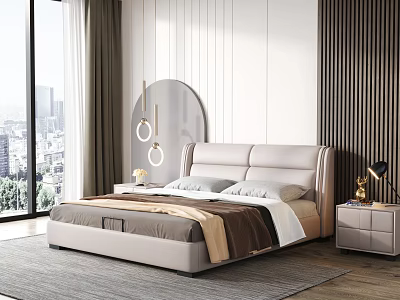 Modern Double Bed With Leather Headboard Nightstands Table Lamps Round Mirror And City View Window 3d model