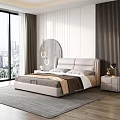 Modern Double Bed With Leather Headboard Nightstands Table Lamps Round Mirror And City View Window