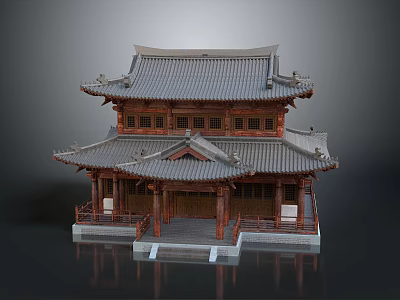 Traditional Chinese Two Story Wooden Architecture With Tiled Roof And Decorative Eaves 3d model