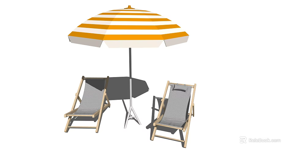 Outdoor Landscape Lounge Chairs with Wooden Frame Gray Cushions and Orange White Striped Umbrella 3d model 
