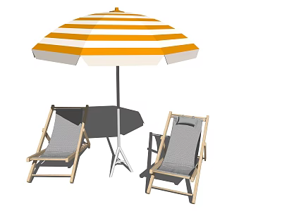 Outdoor Landscape Lounge Chairs with Wooden Frame Gray Cushions and Orange White Striped Umbrella 3d model