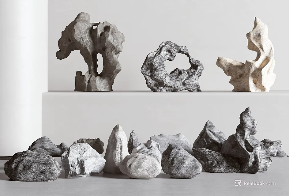 Artistic Stone Wood Decorative Sculptures Displayed On White Shelf And Floor 3d model 