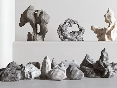 Artistic Stone Wood Decorative Sculptures Displayed On White Shelf And Floor 3d model