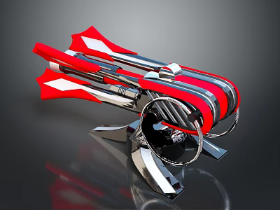 Red and Silver Futuristic Gadget with Streamlined Design Curved Lines Ring Structure and Metallic Stand 3d model