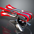 Red and Silver Futuristic Gadget with Streamlined Design Curved Lines Ring Structure and Metallic Stand