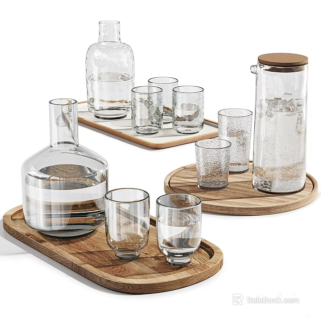Transparent Glass Cups And Carafes Of Different Sizes On Wooden Trays For Drinking 3d model 