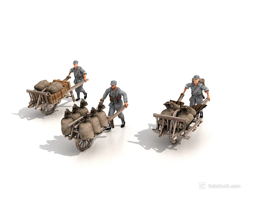 Three Game Movie Characters In Gray Uniforms Pushing Wheelbarrows Loaded With Sacks 3d model 