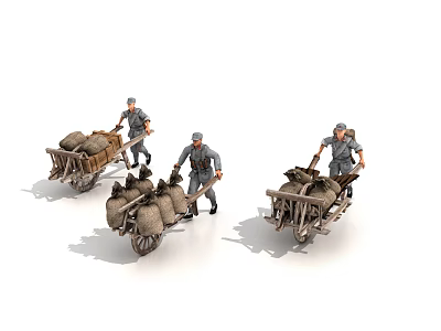 Three Game Movie Characters In Gray Uniforms Pushing Wheelbarrows Loaded With Sacks 3d model