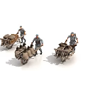 Three Game Movie Characters In Gray Uniforms Pushing Wheelbarrows Loaded With Sacks