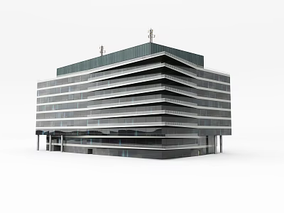 Modern Multi Storey Office Building With Glass Facade And Roof Antennas 3d model