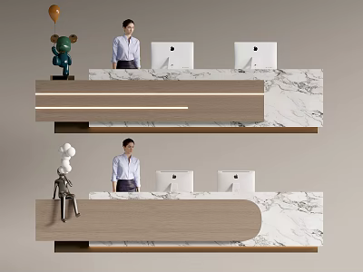 Modern Front Desk Reception Interior Design With Marble Counter Wooden Structure Computers And Decorations 3d model